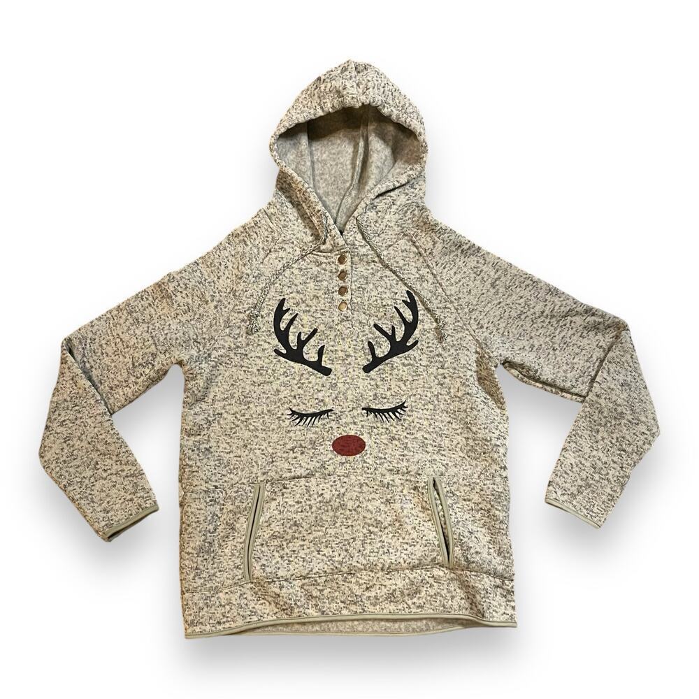 NWT Christmas Reindeer Face Hoodie Womens Snap Drawstring Size XL RUNS LIKE L